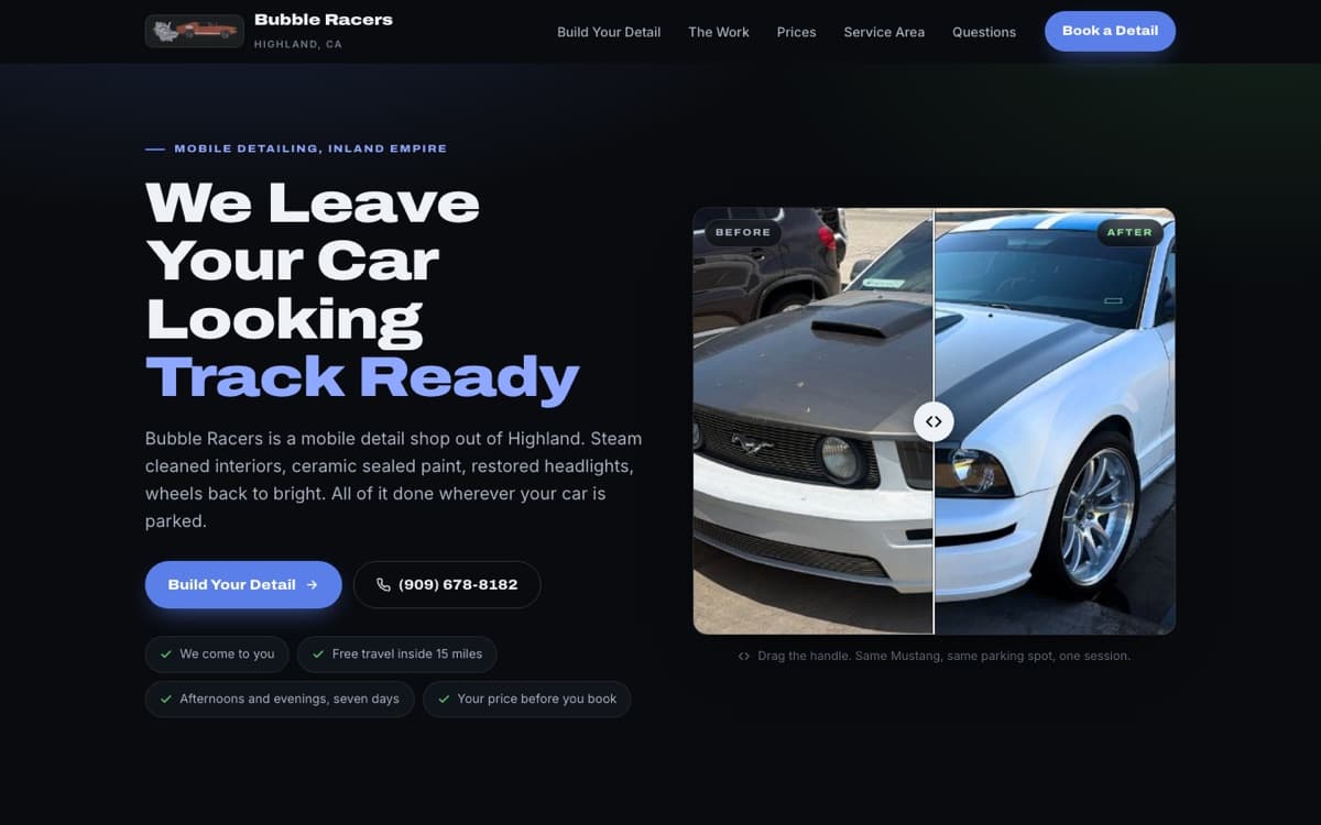 Bubble Racers website homepage, We Leave Your Car Looking Track Ready, built by Johnson Digital Solutions