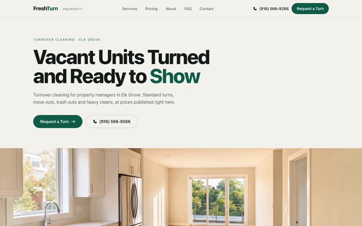 FreshTurn Property website homepage, Vacant Units Turned and Ready to Show, built by Johnson Digital Solutions