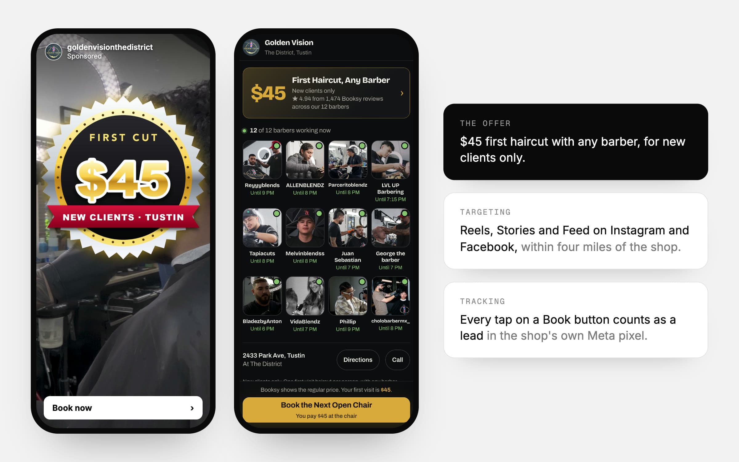A Golden Vision Tustin video ad with the $45 first cut offer next to the booking page it links to, built by Johnson Digital Solutions