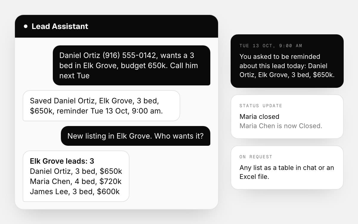 An example chat with the WhatsApp lead assistant, using invented leads, built by Johnson Digital Solutions