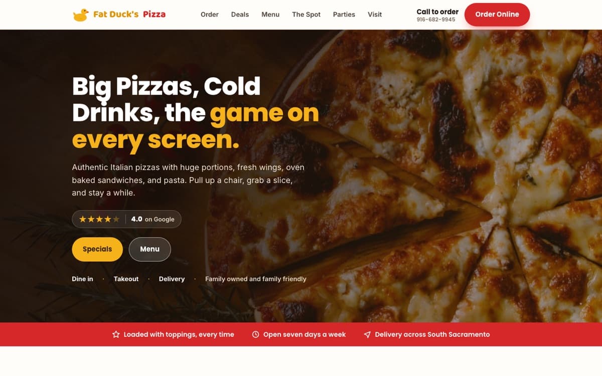 Fat Duck's Pizza website homepage built by Johnson Digital Solutions